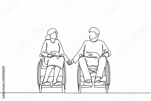 Single continuous line drawing disabled people on wheelchair living happy active lifestyle concept. Happy disabled couple man woman in wheelchair sitting and holding hands. One line draw design vector