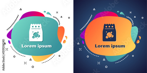 White Laundry detergent for automatic wash machine icon isolated on white and blue background. Abstract banner with liquid shapes. Vector