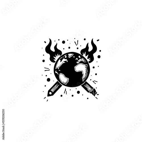 Global Crisis Illustration: Earth on Fire with Crossed Pencils, Symbolic Design