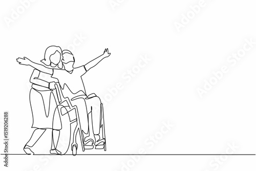 Single continuous line drawing happy disabled man in wheelchair on walk with his loving wife outdoors, having fun, spending time together. Impaired couple enjoying fun day. One line draw design vector