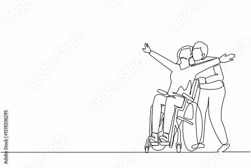 Continuous one line drawing happy disabled woman in wheelchair on walk with her loving husband outdoors, having fun, spending time together. Impaired couple enjoying fun day. Single line design vector