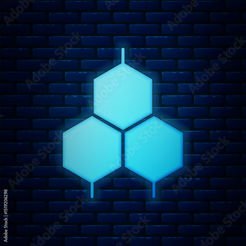 Glowing neon Chemical formula icon isolated on brick wall background. Abstract hexagon for innovation medicine, health, research and science. Vector