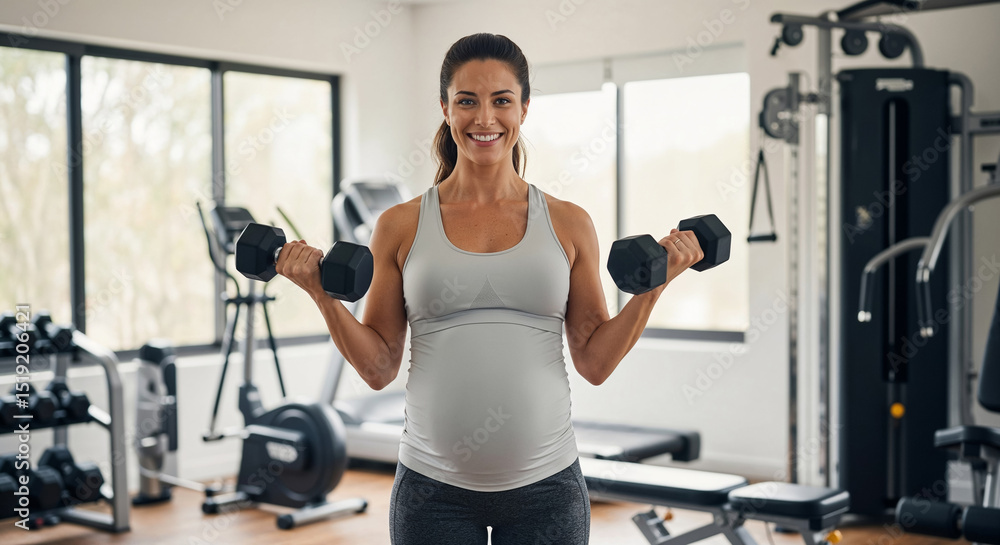 Fototapeta premium Expecting mother maintains active lifestyle with dumbbell workout in modern home gym facility