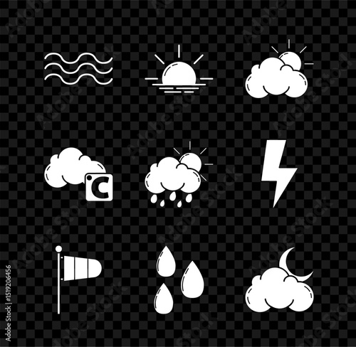 Set Waves, Sunrise, and cloud weather, Cone meteorology windsock wind vane, Water drop, Cloud with moon stars, Celsius and rain sun icon. Vector