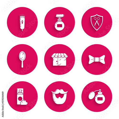 Set Barbershop building, Mustache and beard, Aftershave, Bow tie, Shaving gel foam, Hand mirror, Scissors hairdresser shield and Electrical clipper shaver icon. Vector