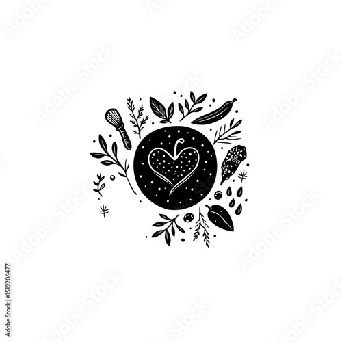 Elegant culinary heart surrounded by stylized foliage and kitchen utensils illustration