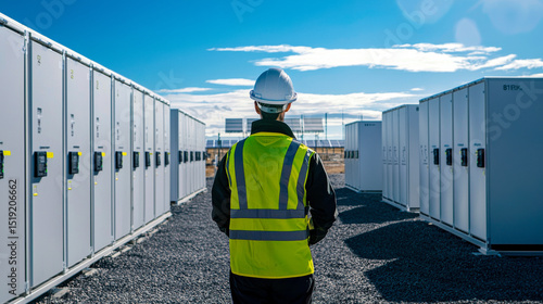 Technician in safety vest inspects large lithium battery storage units under clear blue sky, showcasing modern energy facility