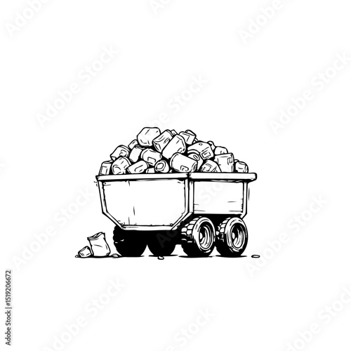 Cartoon-style Illustration of a Mine Cart Filled with Rocks or Minerals