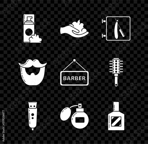 Set Shaving gel foam, on hand, Barbershop with razor, Electrical hair clipper shaver, Aftershave, Mustache beard and icon. Vector