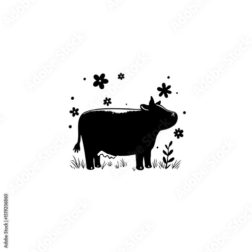 Silhouette illustration of a cow with flowers, creating a simple and cute design