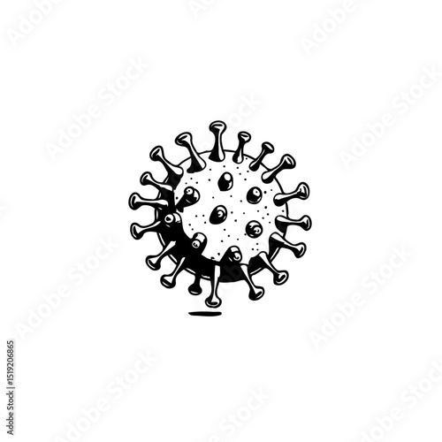 Monochromatic depiction of the coronavirus showcasing its spike proteins and core structure