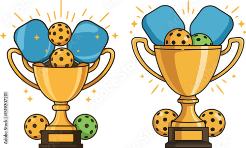 Pickleball Trophy Graphics with Paddles and Balls for Champions and Winners