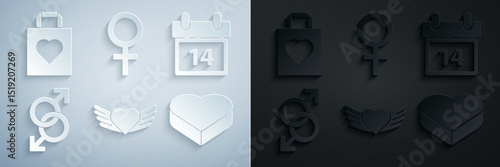 Set Heart with wings, Calendar February 14, Male gender symbol, Candy heart shaped box, Female and Shopping bag icon. Vector