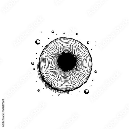 Engraving drawing of a hole in the center of a disc resembling a donut shape