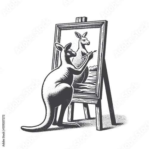 Vintage Hand-Drawn Kangaroo Drawing Itself on Canvas Illustration, Meta Surreal Concept Engraved Style Vector for T-Shirts and Fantasy Design