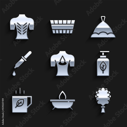 Set Massage with aroma oils, Aroma candle, Sauna broom, Essential bottle, Cup of tea leaf, Pipette, hat and icon. Vector