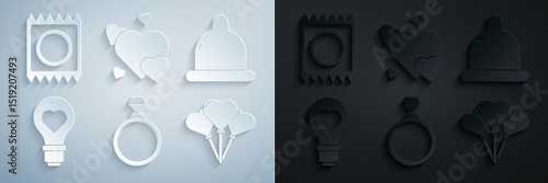 Set Diamond engagement ring, Condom, Heart shape light bulb, Balloons form of heart, and package icon. Vector