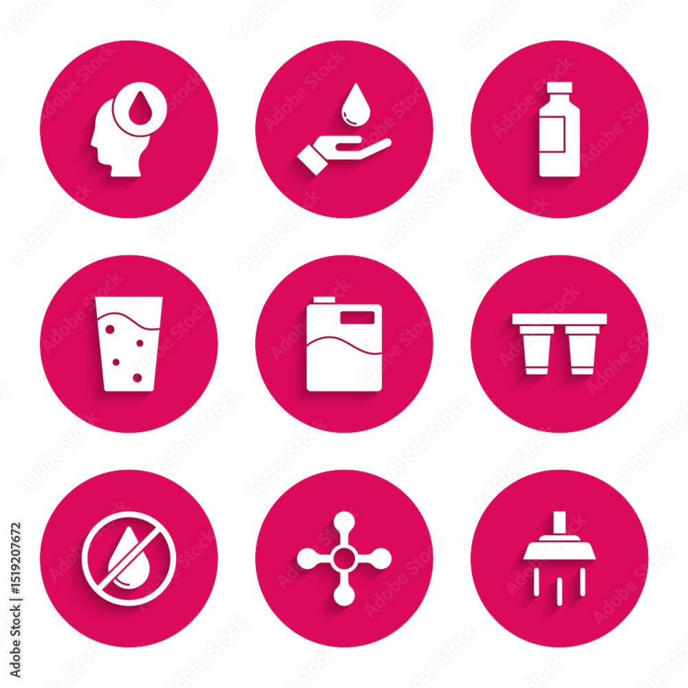 Set Big bottle with clean water, Water tap, Shower, filter, drop forbidden, Glass, Bottle of and icon. Vector Set Big bottle with clean water, Water tap, Shower, filter, drop forbidden, Glass, Bottle of and icon. Vector
