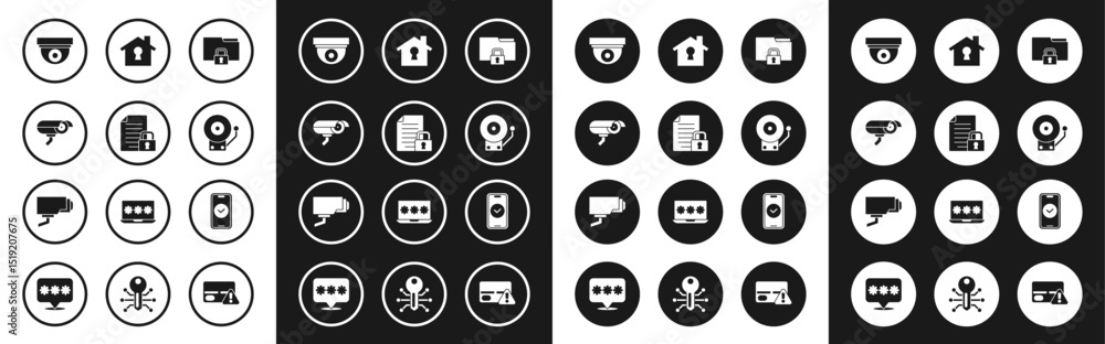 Set Folder and lock, Document, Security camera, Ringing alarm bell, House under protection, Smartphone and icon. Vector