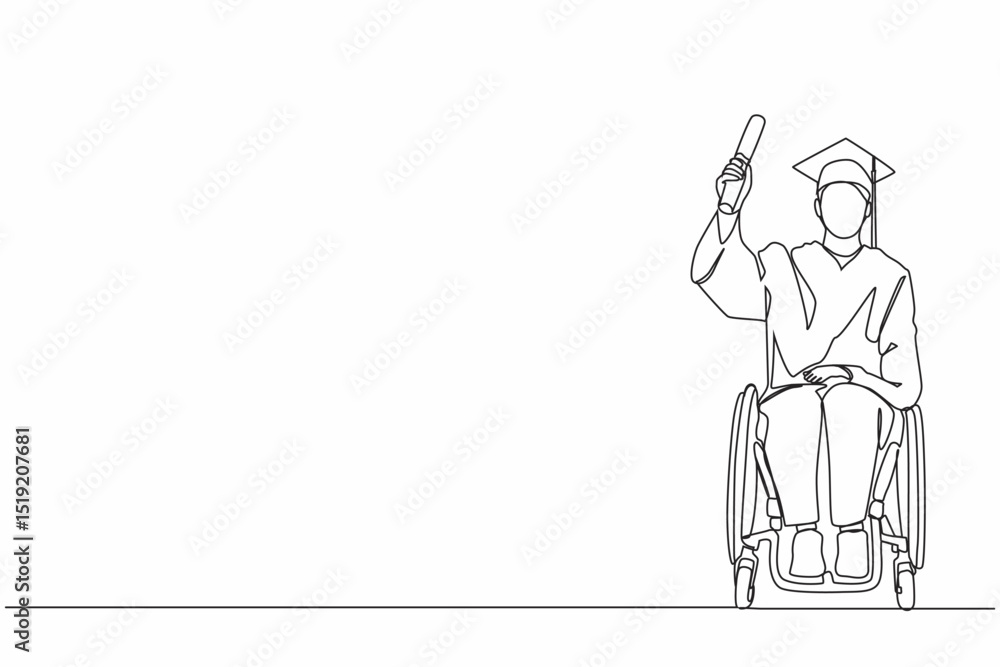 Single one line drawing inclusive affordable education. Graduate of disabled student in wheelchair has learned from program of school, university. Continuous line design graphic vector illustration Single one line drawing inclusive affordable education. Graduate of disabled student in wheelchair has learned from program of school, university. Continuous line design graphic vector illustration