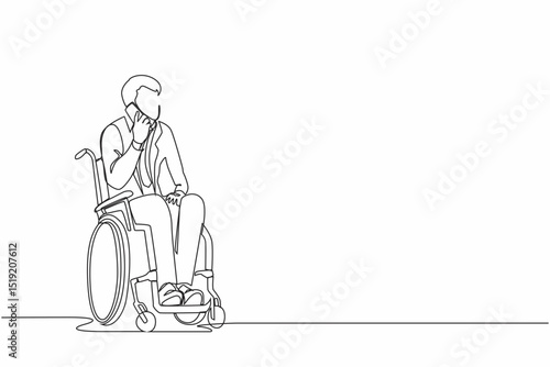 Continuous one line drawing disabled guy in wheelchair having phone conversation while working from home. Injured businessman talking with client on mobile phone. Single line draw design vector