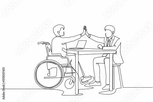 Continuous one line drawing disabled businessman giving high five to his partner in office. Office worker sitting in wheelchair joy. Colleague celebrating success. Single line graphic design vector