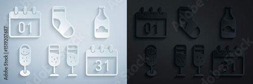 Set Glass of champagne, Champagne bottle, Calendar, Christmas stocking and icon. Vector