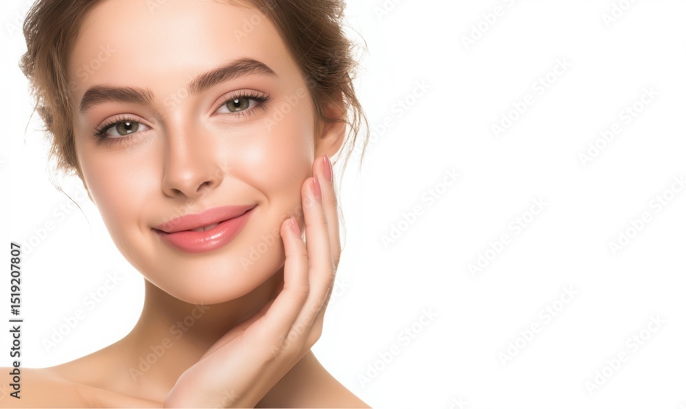 Close up portrait of beautiful young woman touching her face in studio Close up portrait of beautiful young woman touching her face in studio