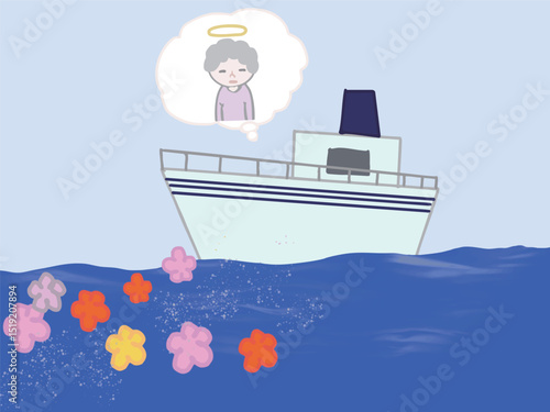 Illustration of a scene of ocean scattering with flowers from the back of a boat