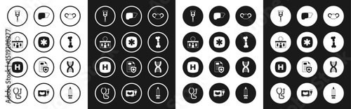 Set Medical protective mask, Emergency - Star of Life, Hospital building, Crutch or crutches, Human broken bone, organ liver, DNA symbol and signboard icon. Vector