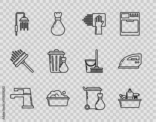 Set line Water tap, Plastic bottles for liquid dishwashing liquid, Cleaning service, basin with soap suds, Shower head water drops flowing, Trash can and garbage bag, and Electric iron icon. Vector