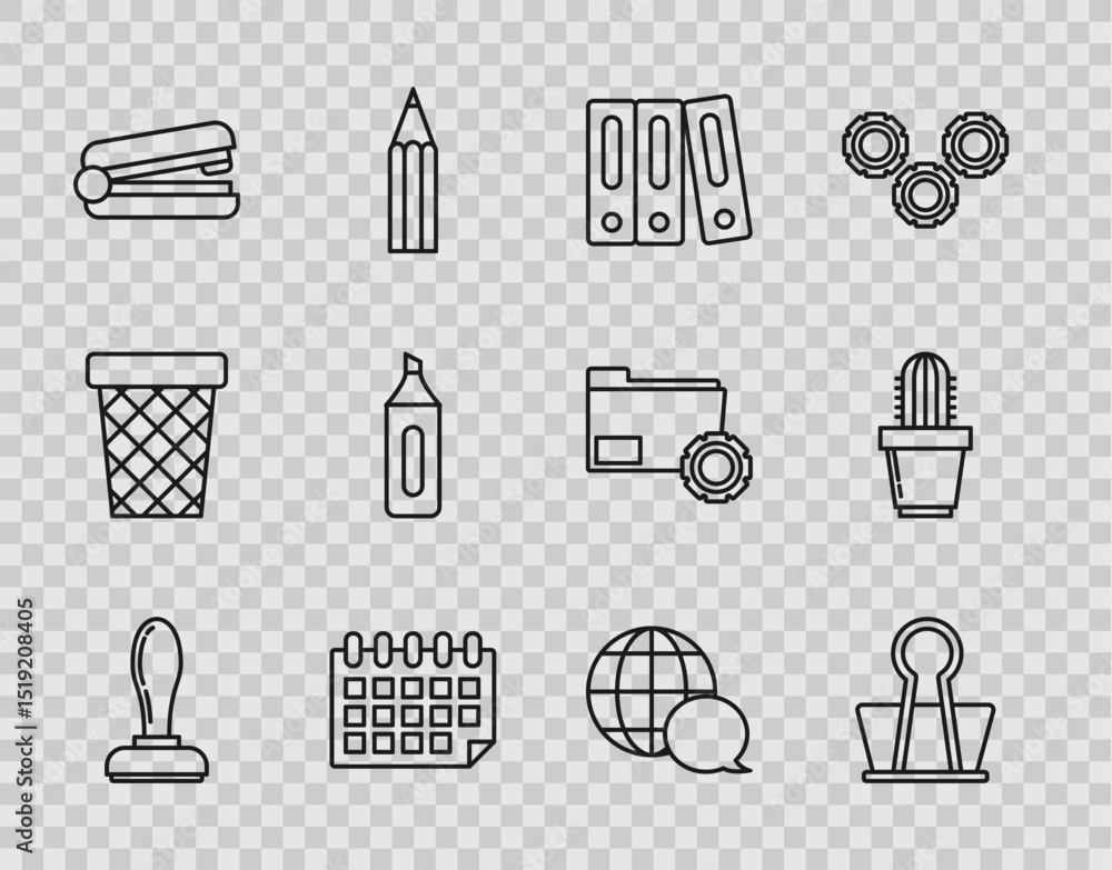 Set line Stamp, Binder clip, Office folders with papers and documents, Calendar, stapler, Marker pen, World map made from speech bubble and Cactus succulent pot icon. Vector Set line Stamp, Binder clip, Office folders with papers and documents, Calendar, stapler, Marker pen, World map made from speech bubble and Cactus succulent pot icon. Vector