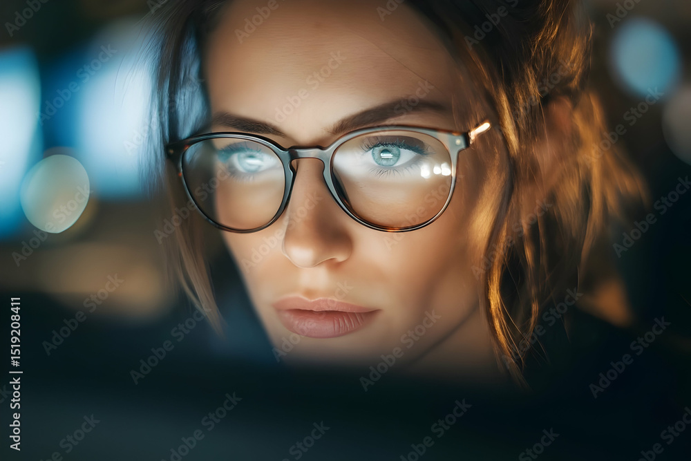 Fototapeta premium Focused woman with glasses looks intently at a computer screen, reflected light illuminating her face in a dim environment.