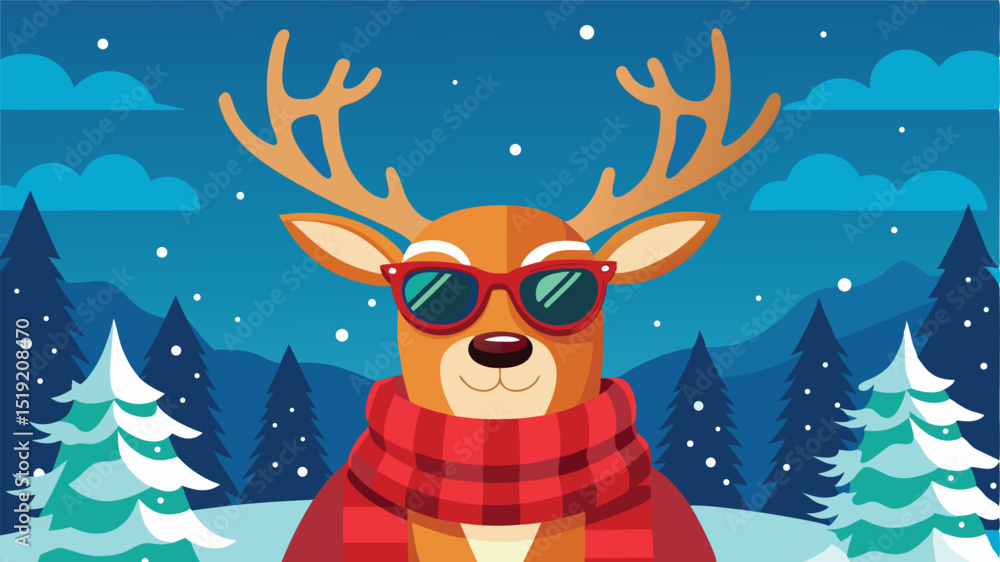 Stylish Reindeer with Sunglasses and Scarf in a Winter Wonderland Scene Stylish Reindeer with Sunglasses and Scarf in a Winter Wonderland Scene