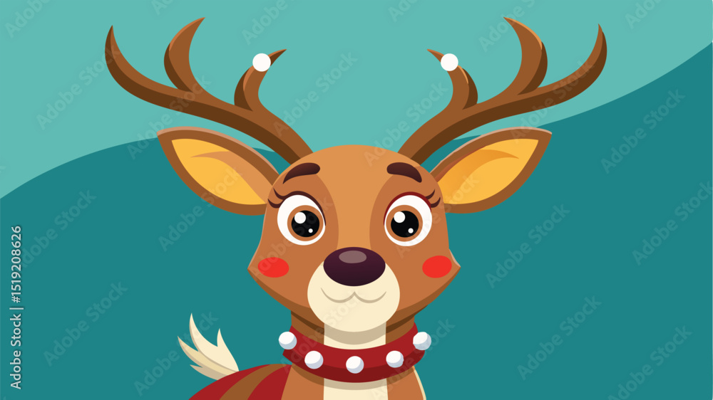 Fototapeta premium Cute Cartoon Christmas Reindeer with Antlers and a Red Collar Illustration