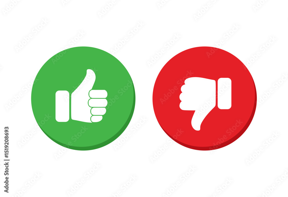 Like and dislike symbol set in green and red circle. Thumbs up and down flat icon set in white color. Rating and feedback Thumbs-Up and Thumbs-down icon set isolated on white background Like and dislike symbol set in green and red circle. Thumbs up and down flat icon set in white color. Rating and feedback Thumbs-Up and Thumbs-down icon set isolated on white background