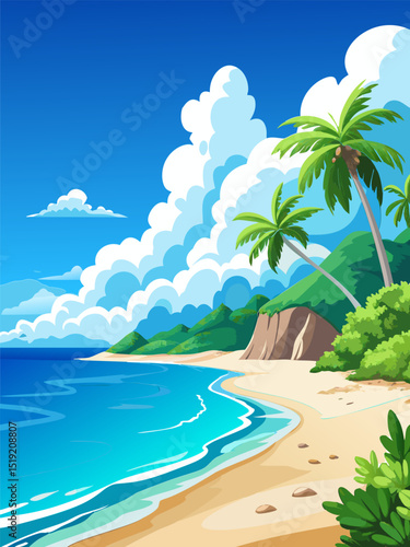 Serene Tropical Beach. Palm Trees. Azure Ocean. and White Sand Paradise