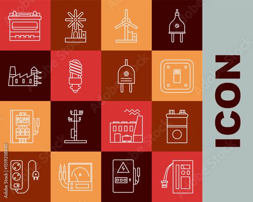 Set line Battery, Car battery, Electric light switch, Wind turbine, LED bulb, Power station plant and factory, and plug icon. Vector