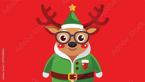 Cartoon Reindeer Elf with Glasses and Star Hat on Red Background