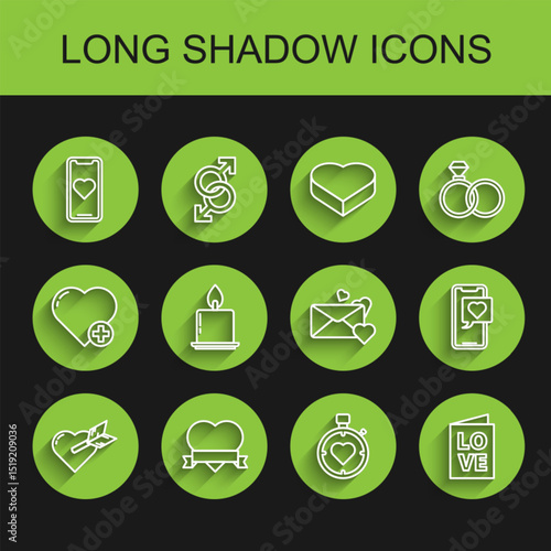 Set line Amour with heart and arrow, Heart ribbon, Mobile phone, in the center stopwatch, Valentines day party flyer, Burning candle, Smartphone speech bubble and Envelope icon. Vector