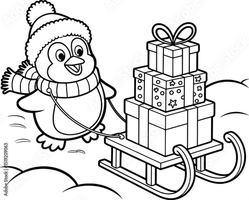 Adorable penguin pulling sleigh full of christmas presents