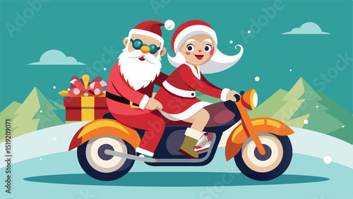 Santa and Mrs Claus Riding a Motorcycle with Gifts in Winter Landscape
