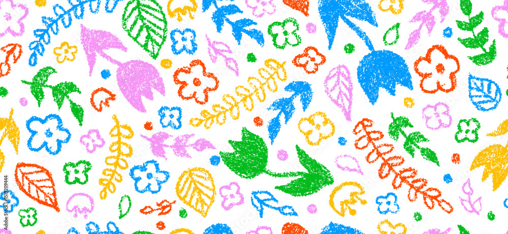 Flowers and plants, set of hand drawn colorful charcoal pencil doodle in childish style. Vector seamless pattern, banner, background Flowers and plants, set of hand drawn colorful charcoal pencil doodle in childish style. Vector seamless pattern, banner, background