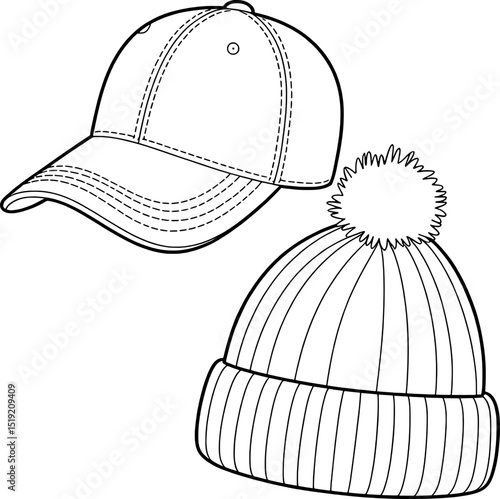 Baseball cap and pom pom beanie hat fashion illustration