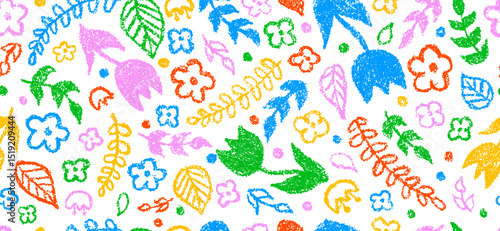 Flowers and plants, set of hand drawn colorful charcoal pencil doodle in childish style. Vector seamless pattern, banner, background