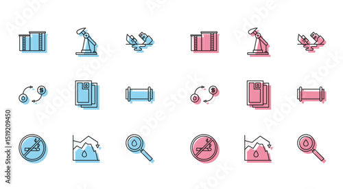 Set line No Smoking, Drop crude oil price, Oil industrial factory building, drop, Barrel, Industry pipe, exchange and pump pump jack icon. Vector