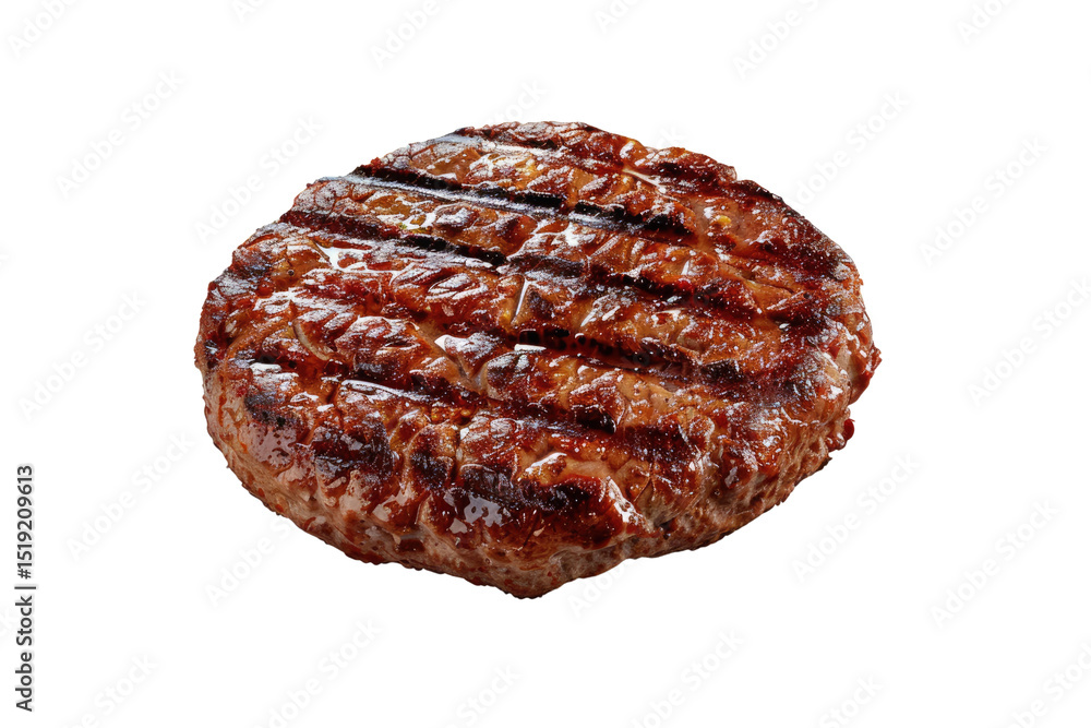 A single grilled burger patty with visible grill marks on a black background in a close up shot A single grilled burger patty with visible grill marks on a black background in a close up shot