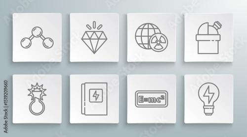 Set line Test tube and flask, Diamond, Electrical panel, Equation solution, Light bulb with lightning, Planet earth radiation, Astronomical observatory and Molecule icon. Vector