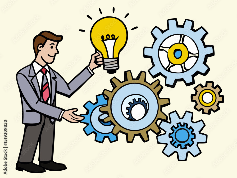 Businessman with light bulb and gears Businessman with light bulb and gears