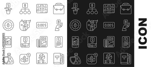 Set line Office folders, Business finance report, Hand holding Bitcoin, Stacks paper money cash, Bull bear of stock market, Dollar plant and Zero cost icon. Vector